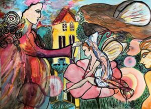 peinture aquarelle avec vue sur une maison jaune et son jardin où se trouve une fontaine et des elfes