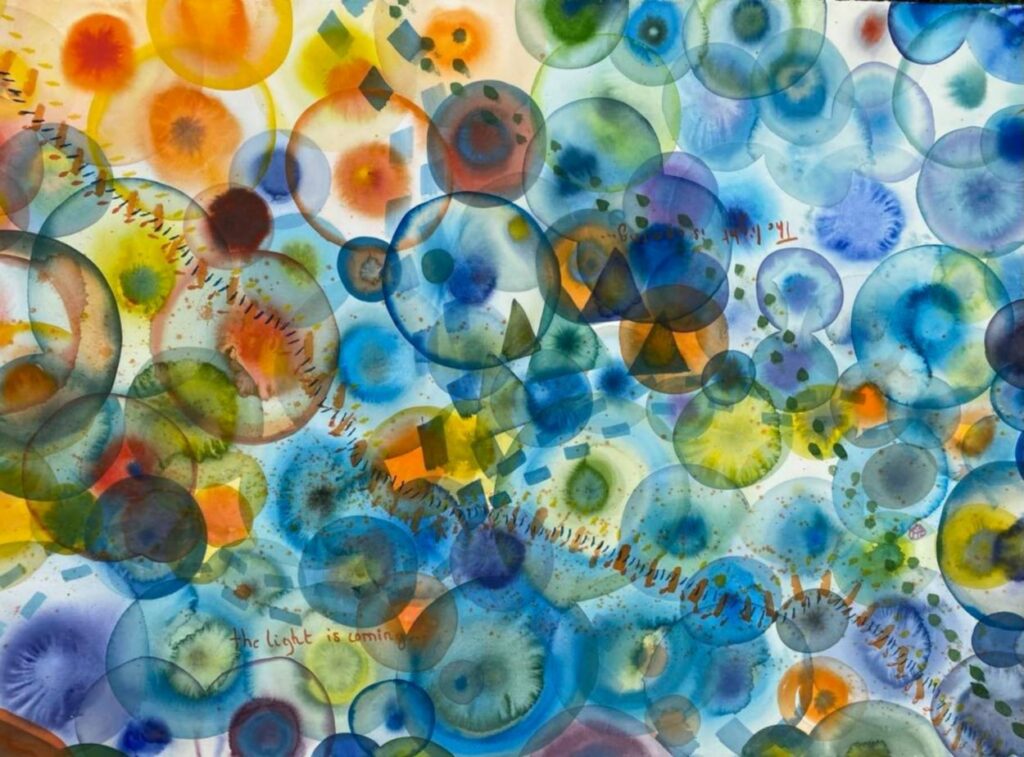 peinture aquarelle bulles colorées tons orange et bleu