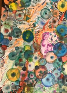 peinture abstraite à l'aquarelle avec bulles de couleurs et le visage de billie holiday qui apparaît au centre du tableau