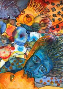 deux couples d'amoureux qui s'embrassent dont on ne voit que les visages sur tons bleus et orange