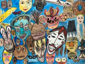 aquarelle qui représente des masques du monde entier