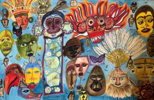 aquarelle qui représente des masques ethniques