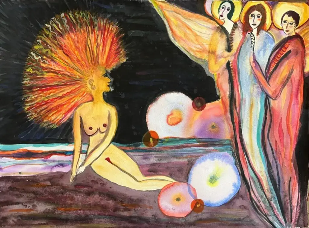 Femme de profil de couleur jaune inspirée par Gustave Moreau, aux cheveux jaunes rouges et oranges comme enflammés elle regarde trois archanges